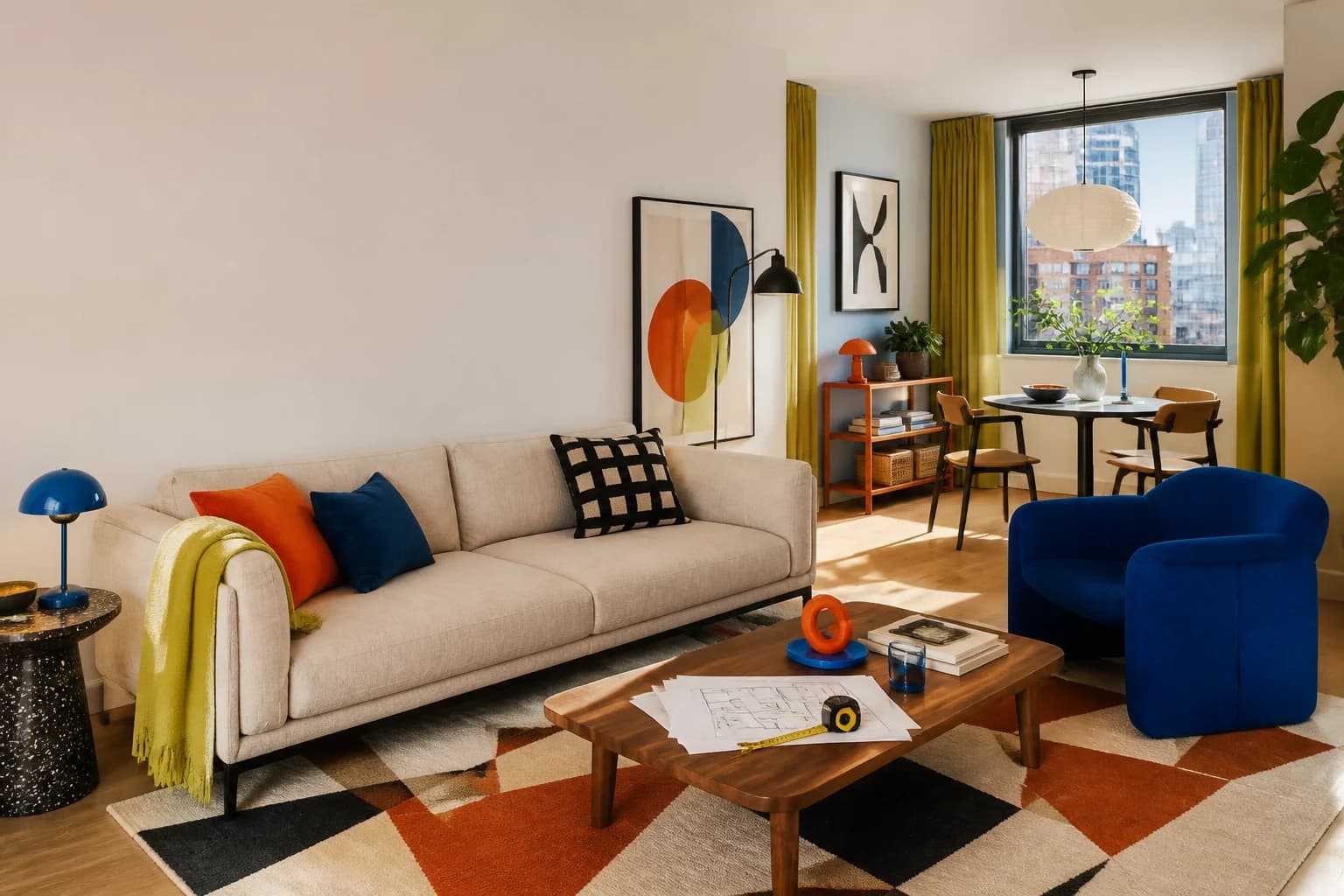 Original concept of an apartment-size living room with a floor plan and measuring tape